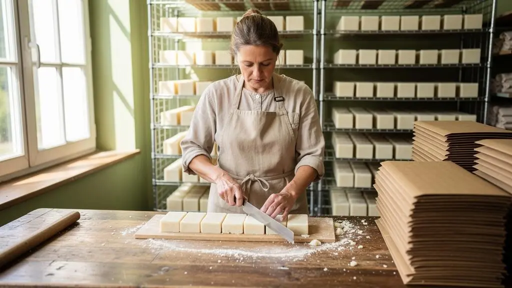 Une artisane découpe un bloc de savon solide en barres sur une table en bois dans son atelier.