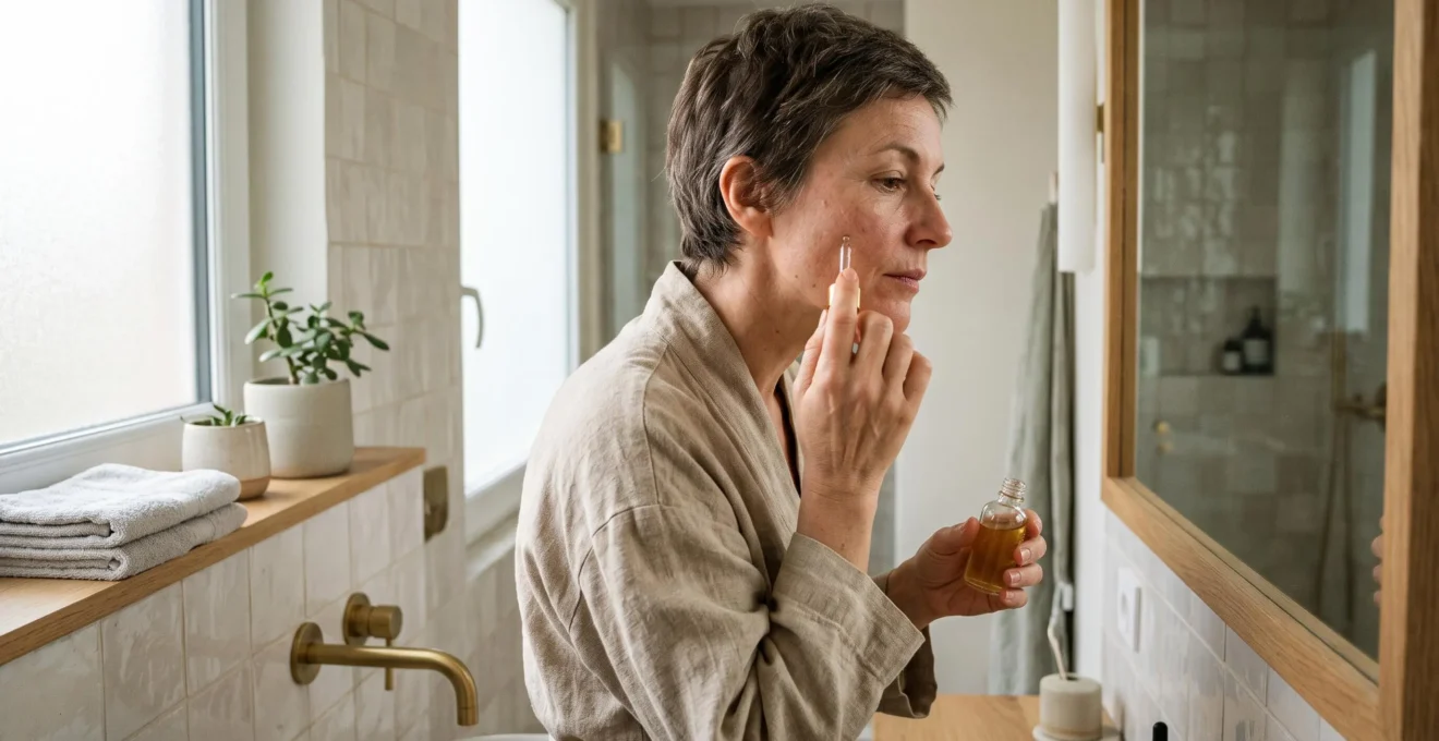 Femme dans la quarantaine appliquant un sérum sur son visage dans une salle de bain lumineuse