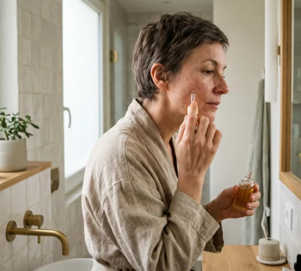 Femme dans la quarantaine appliquant un sérum sur son visage dans une salle de bain lumineuse