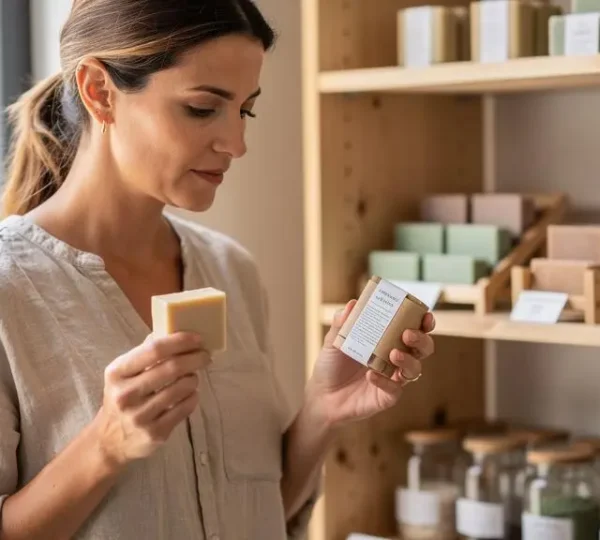 Une femme lit l'étiquette d'un produit cosmétique solide dans une boutique de cosmétiques bio.