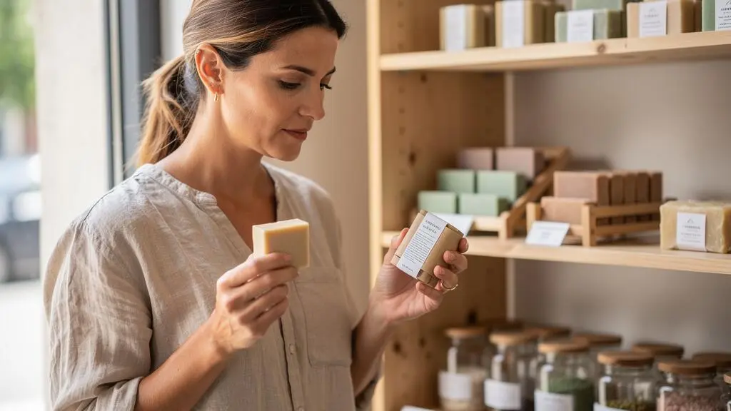 Une femme lit l'étiquette d'un produit cosmétique solide dans une boutique de cosmétiques bio.