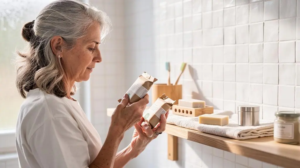 Une femme range des cosmétiques solides et des contenants réutilisables sur une étagère de salle de bain.