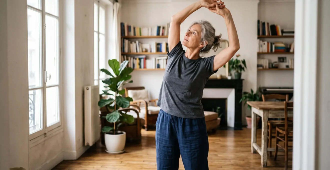 Femme senior effectuant un étirement doux debout dans un intérieur lumineux