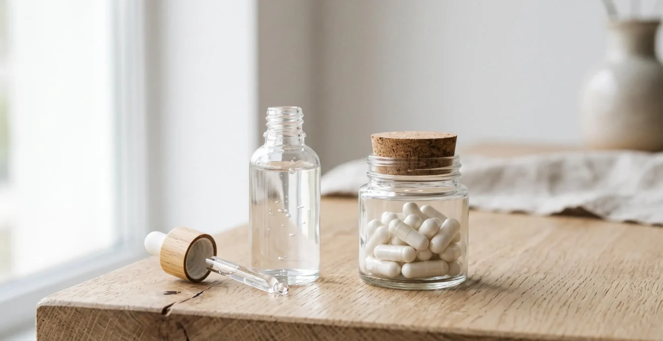Flacon de sérum transparent et pot de gélules blanches disposés sur une surface claire