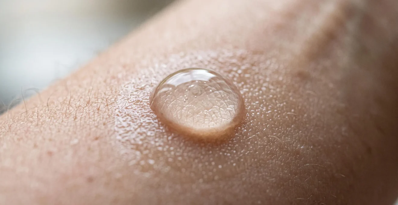 Goutte de sérum transparent en gros plan sur la peau montrant sa texture gel